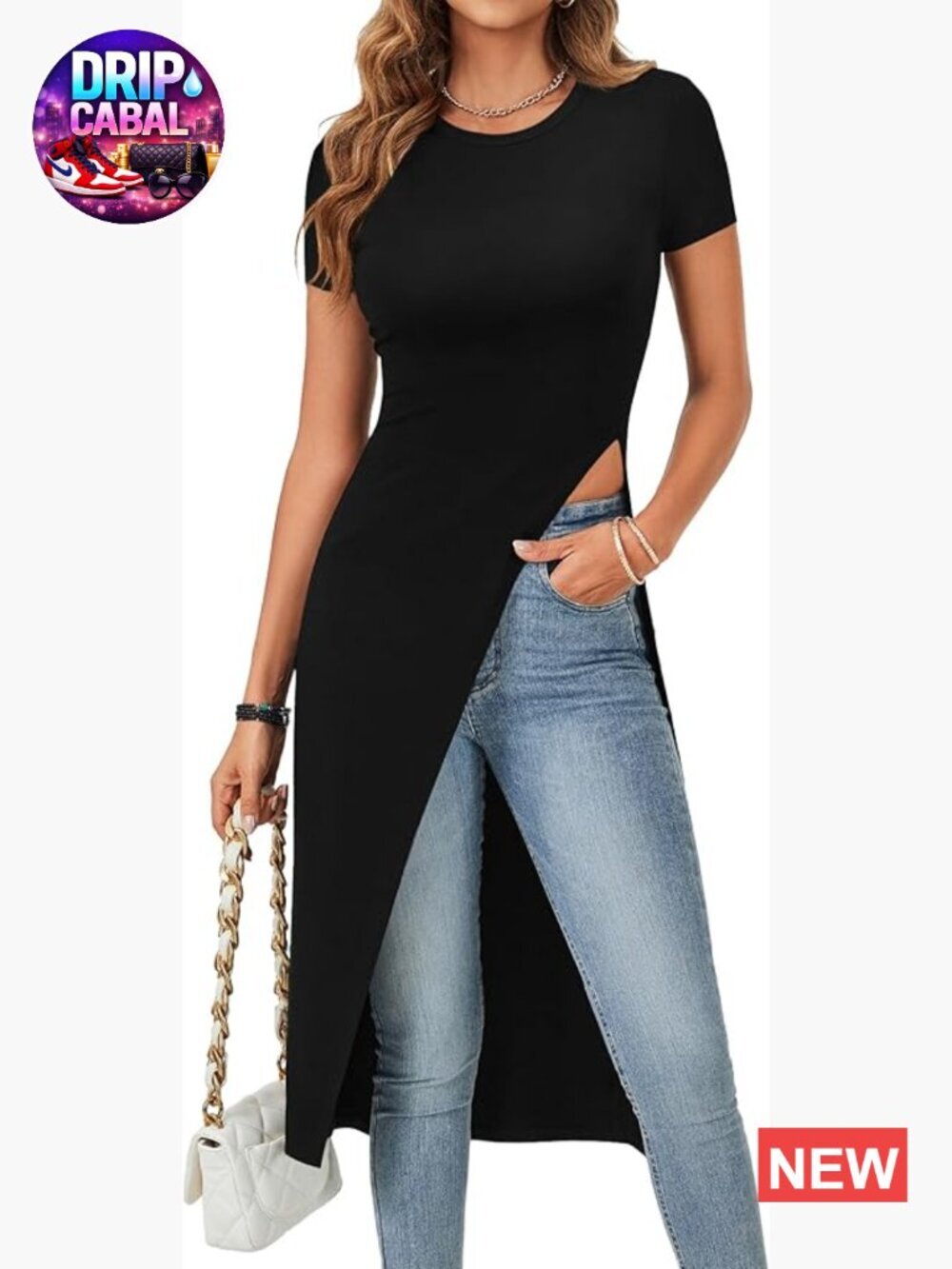 Asymmetrical Hem Split Slit Short Sleeve Crewneck Long T-Shirt Top